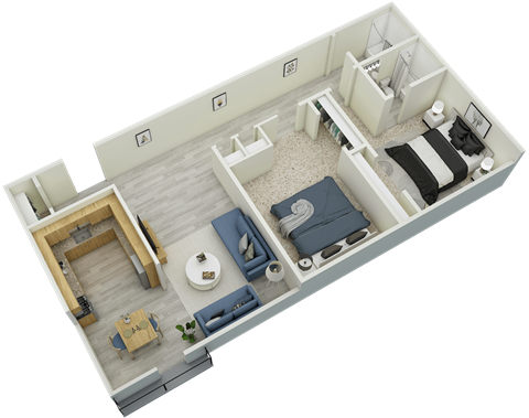 3D 2-bed, 1-bath 930 sqft floor plan at Mountainside Apartments in Birmingham, AL